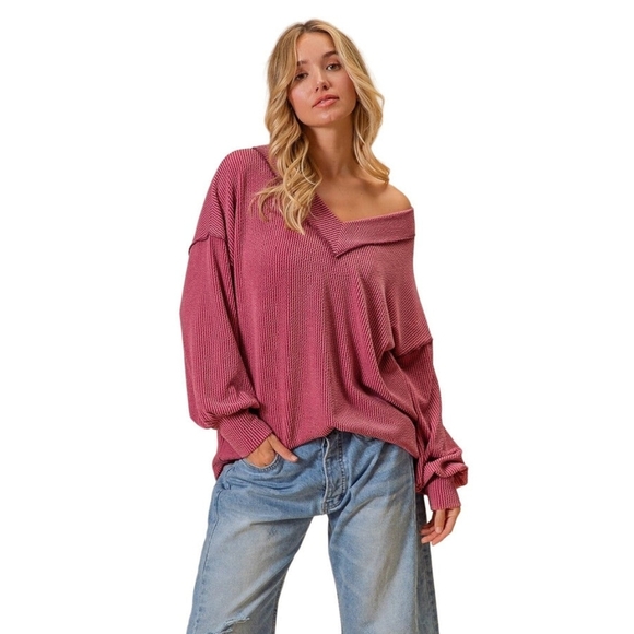 FREE PEOPLE Thermal V-Neck Woman's Top Size Small OVERSIDE Burgandy - Picture 1 of 7